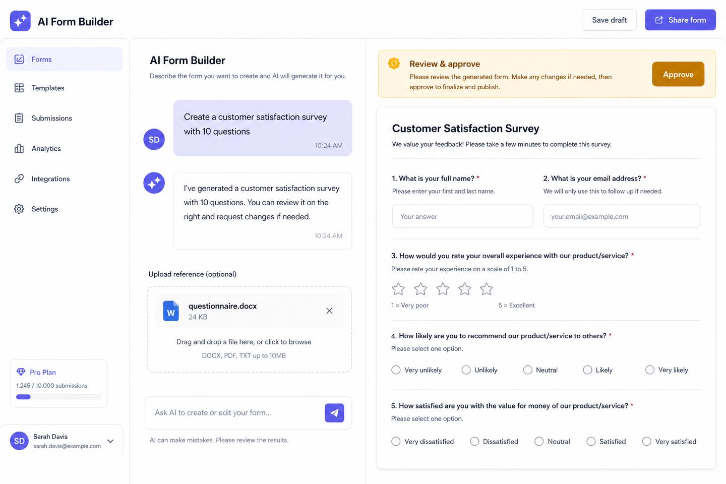 AI Form Builder generating a survey from a prompt with an approval step