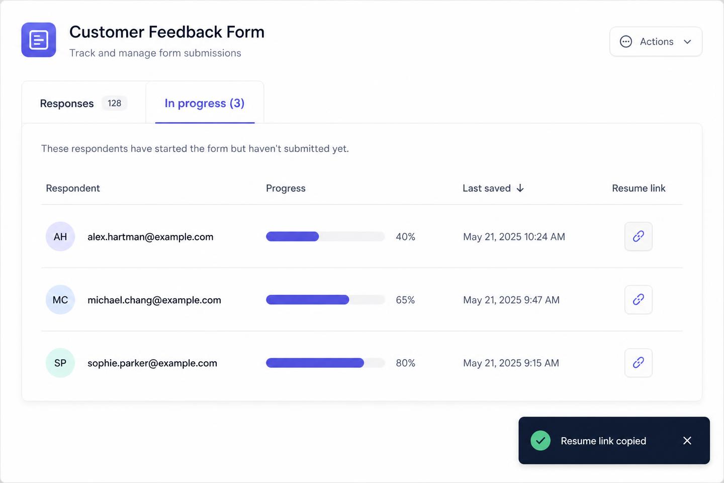 In-progress submissions tab with progress bars and resume links